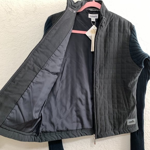 Ashworth NWT Women M Black/Navy Blue Zip Mock Neck Jacket Quilted Body Knit Arms - Picture 12 of 15